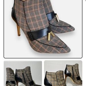 Louise et Cie Plaid Pointed-Toe Ankle Booties in Black and Brown